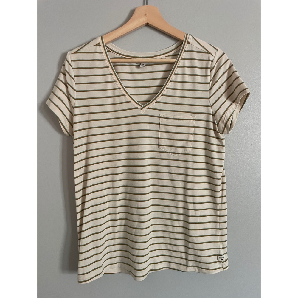 Toad&Co V-Neck T-Shirt Womens Medium Cream Green Striped Pocket Tee Gorpcore